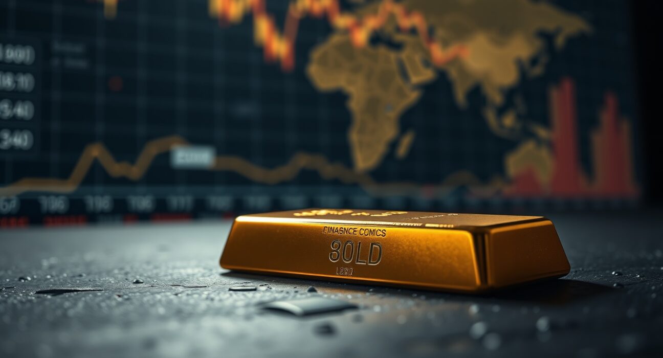 Close-up of a gold bar with dramatic lighting, representing safe-haven demand amid geopolitical tensions.
