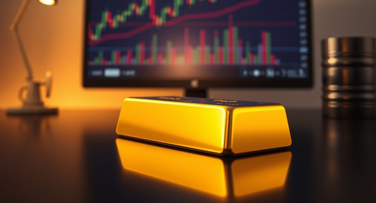 Gold bar on reflective surface with financial charts and oil barrel in background