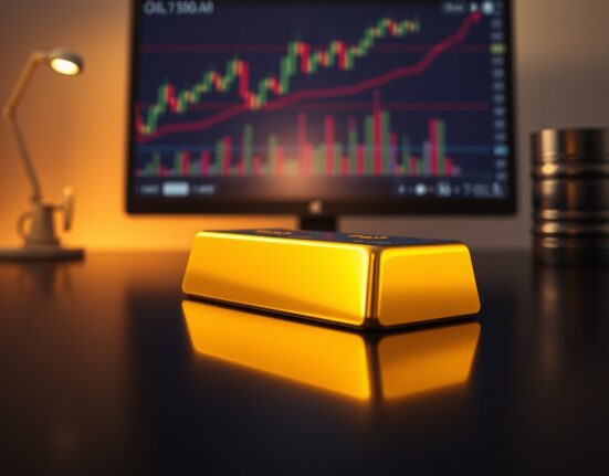 Gold bar on reflective surface with financial charts and oil barrel in background