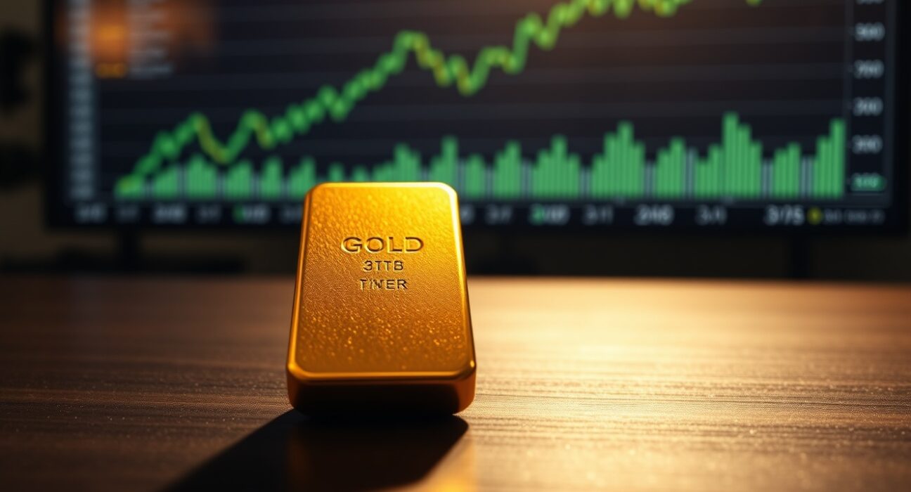 Gold bullion bar with financial chart showing upward trend in background