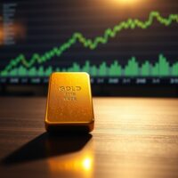 Gold bullion bar with financial chart showing upward trend in background