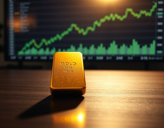 Gold bullion bar with financial chart showing upward trend in background