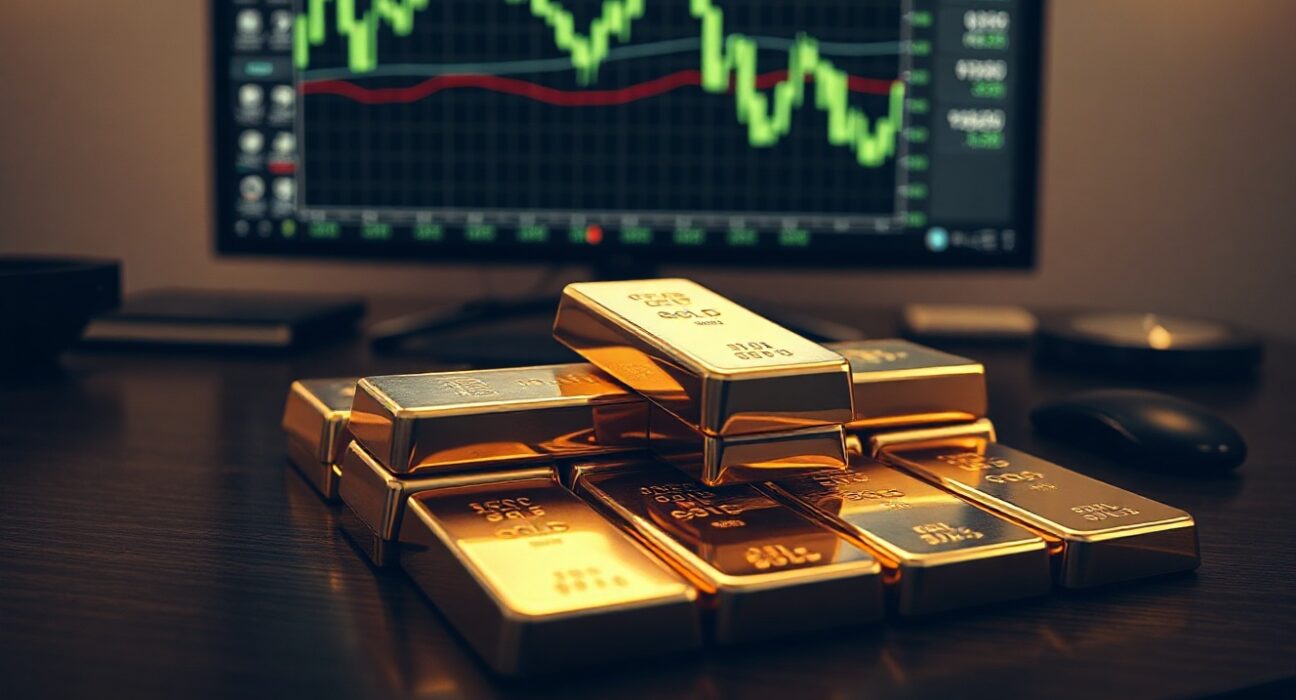 Gold bars with a financial chart showing a price rebound in the background