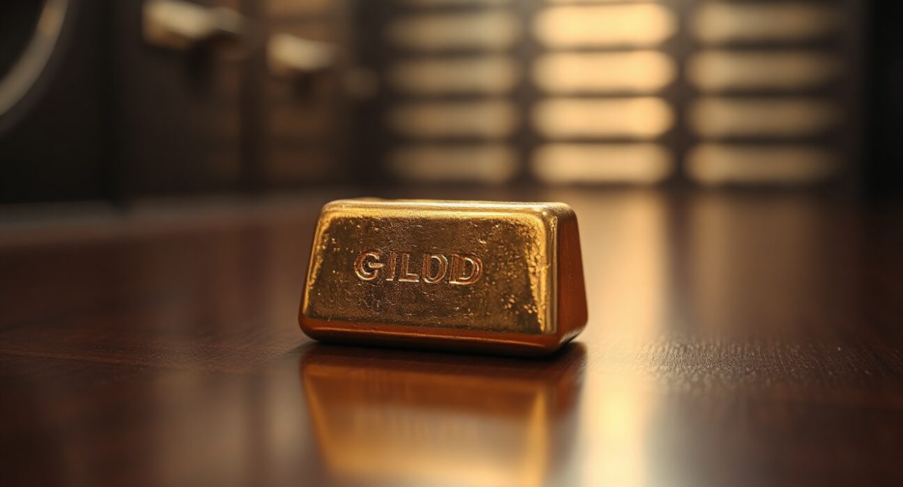 Close-up of a gold bar on a dark surface with soft lighting, representing precious metals market.