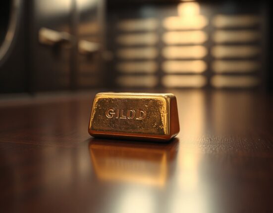 Close-up of a gold bar on a dark surface with soft lighting, representing precious metals market.