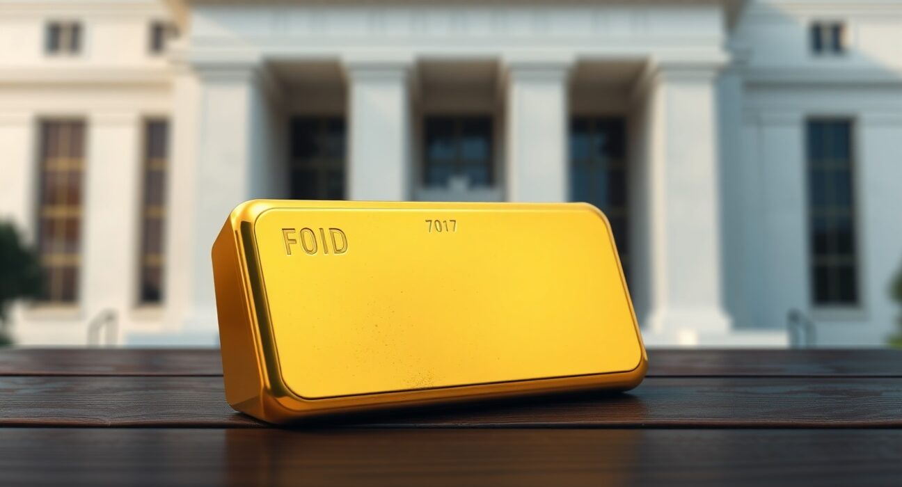 Gold bar on wooden table with Federal Reserve building in background, representing gold price rebound under interest rate pressure