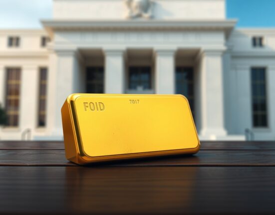 Gold bar on wooden table with Federal Reserve building in background, representing gold price rebound under interest rate pressure