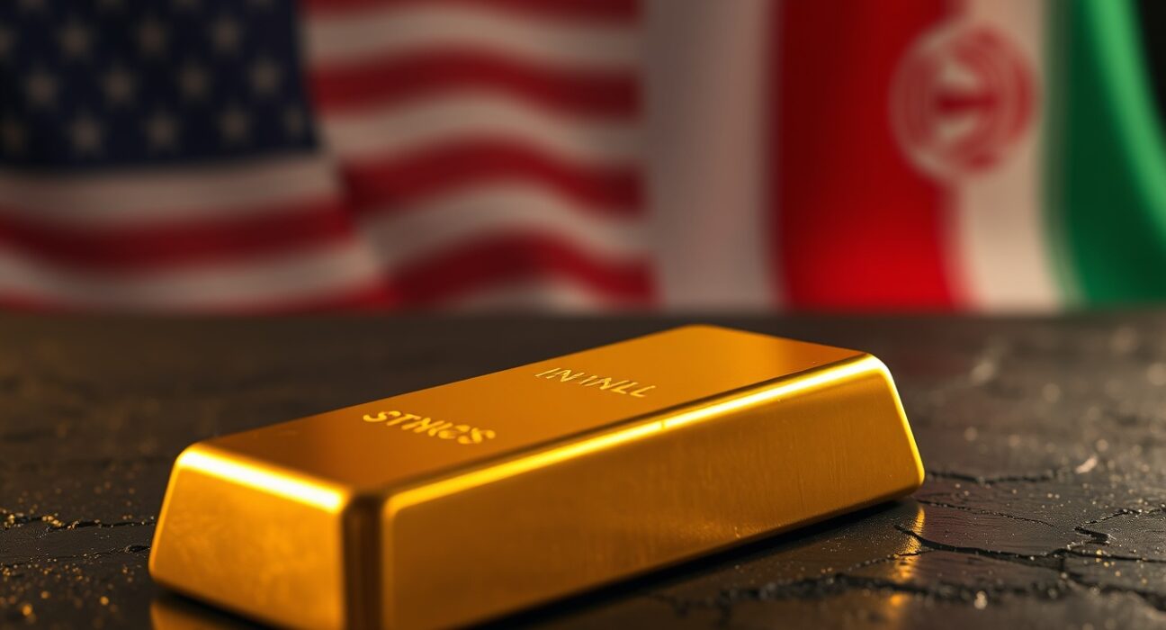 Gold bar reflecting flags symbolizing Iran-US deal hopes driving gold rebound in financial markets