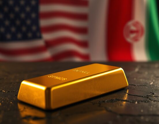 Gold bar reflecting flags symbolizing Iran-US deal hopes driving gold rebound in financial markets