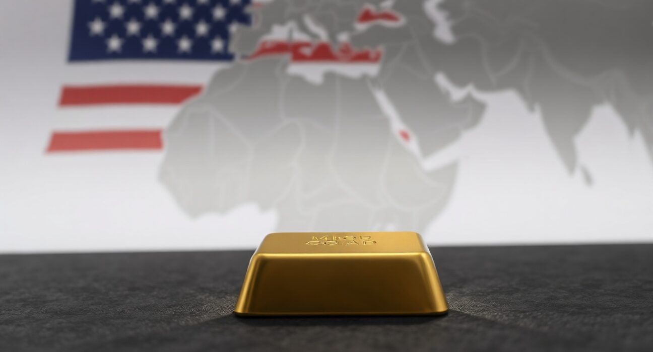 Gold bar on dark surface with blurred American flag and Middle East map in background, representing geopolitical market influence.