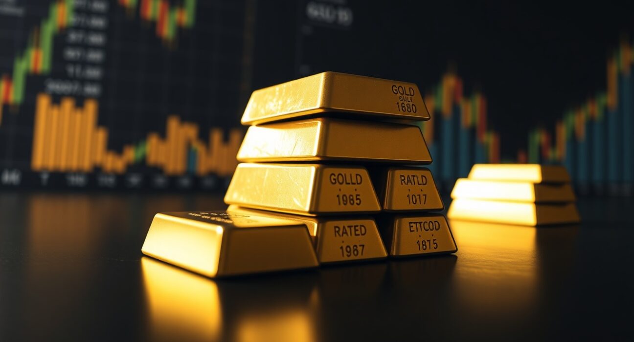 Close-up of gold bullion bars on a reflective surface with a dark background.