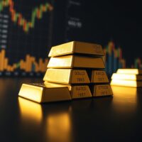Close-up of gold bullion bars on a reflective surface with a dark background.
