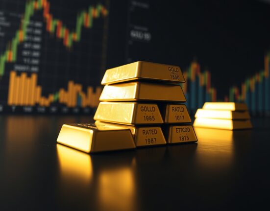 Close-up of gold bullion bars on a reflective surface with a dark background.