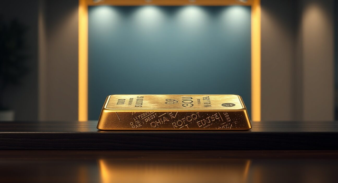 Gold bar on dark wooden surface in financial news studio setting