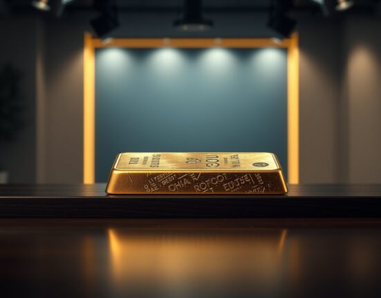 Gold bar on dark wooden surface in financial news studio setting