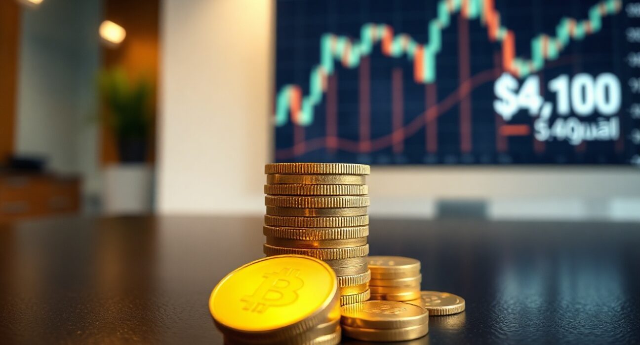 Gold bars and coins with a financial chart showing a price rebound near $4,100