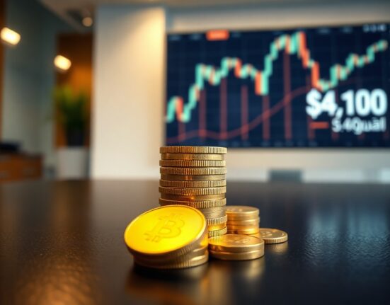 Gold bars and coins with a financial chart showing a price rebound near $4,100