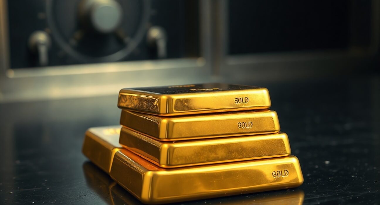Stack of gold bars reflecting light on dark surface, representing safe-haven demand and price rebound.