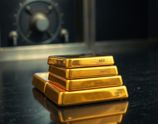 Stack of gold bars reflecting light on dark surface, representing safe-haven demand and price rebound.