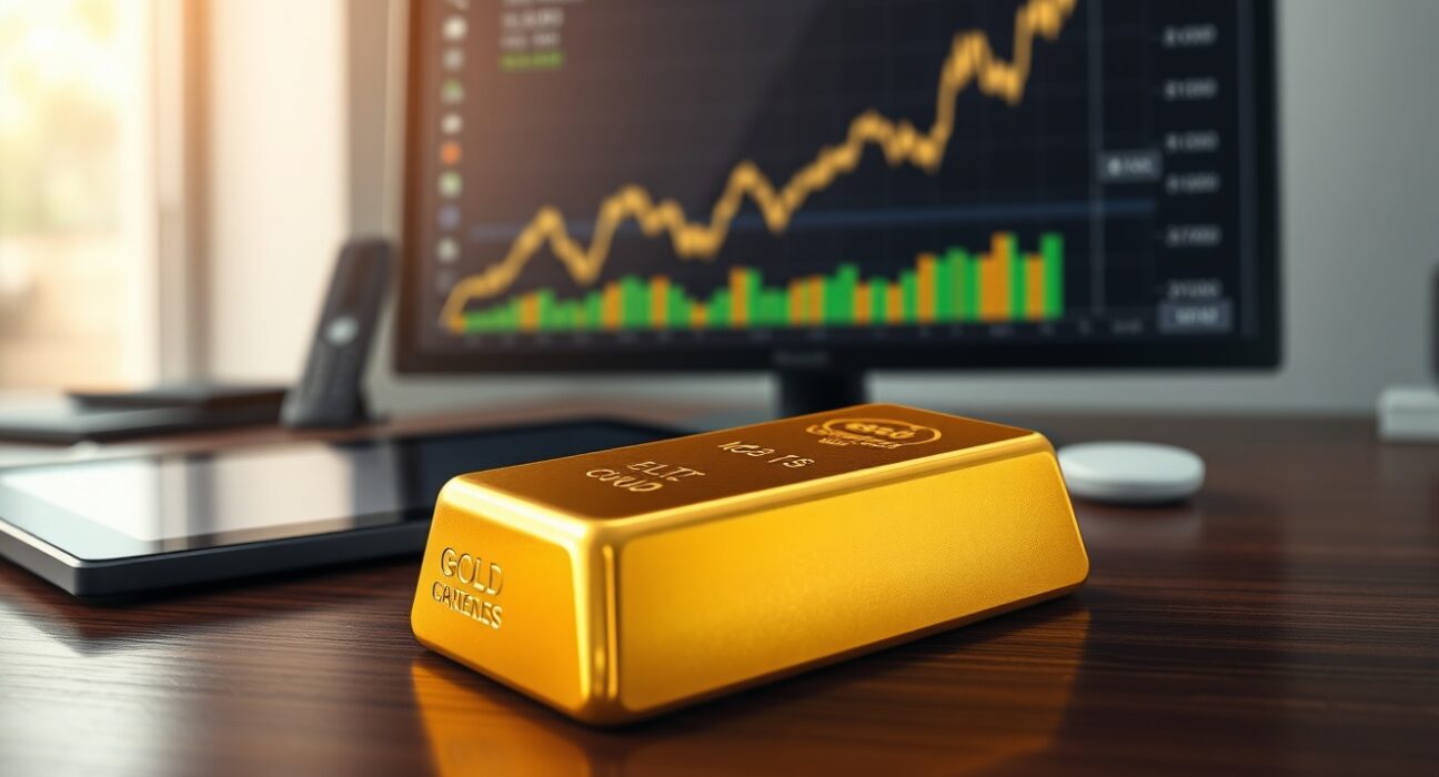 Gold bullion bar with financial chart showing price rebound amid Trump Iran deadline tensions