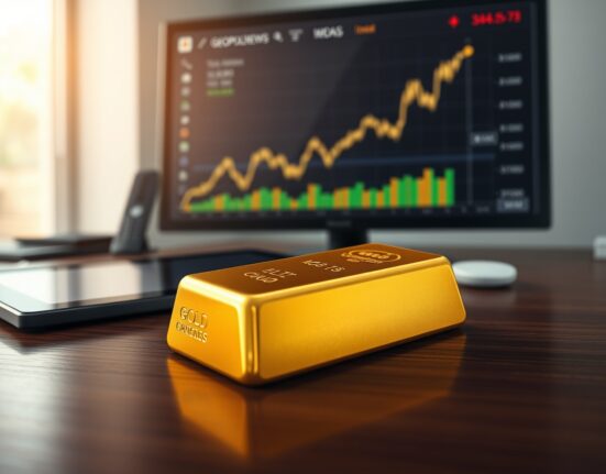 Gold bullion bar with financial chart showing price rebound amid Trump Iran deadline tensions