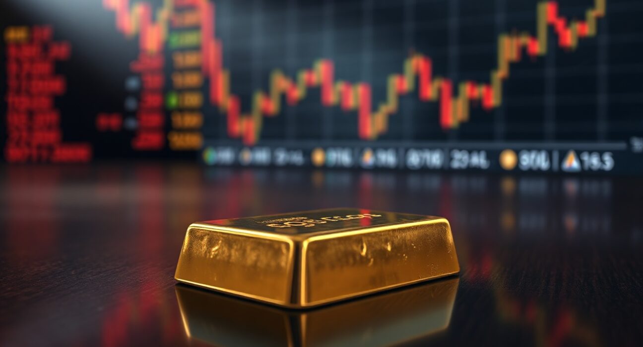 Gold bar on dark surface with blurred stock market display in background