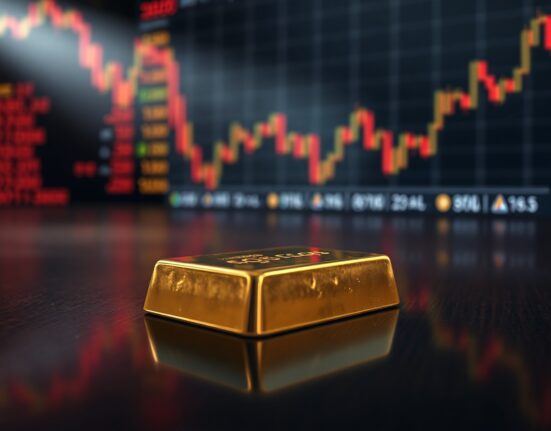 Gold bar on dark surface with blurred stock market display in background