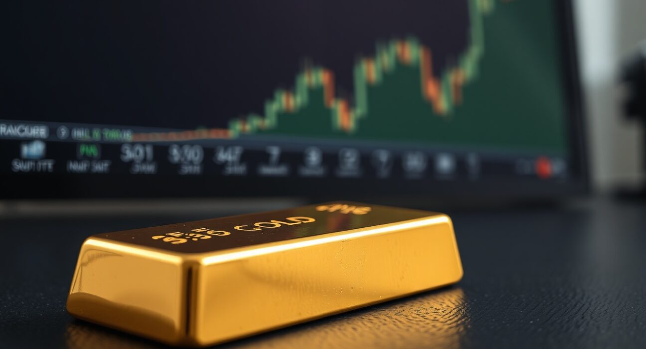 Gold bar resting on a dark surface with a financial chart in the background showing an upward trend.