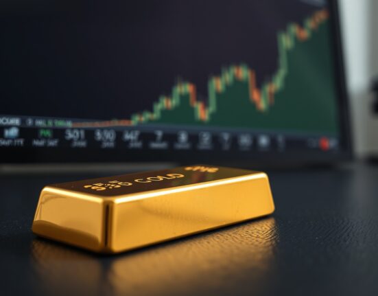 Gold bar resting on a dark surface with a financial chart in the background showing an upward trend.