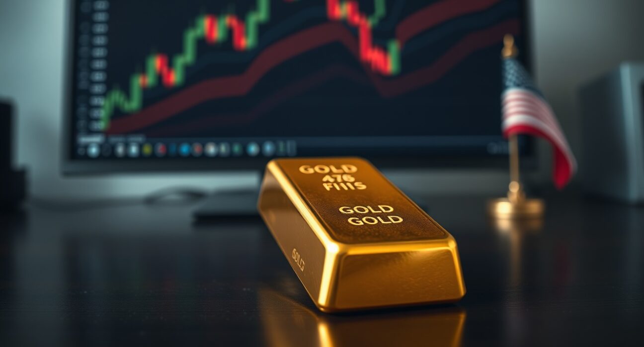 Gold bar on dark wood with upward-trending chart in background