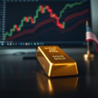 Gold bar on dark wood with upward-trending chart in background