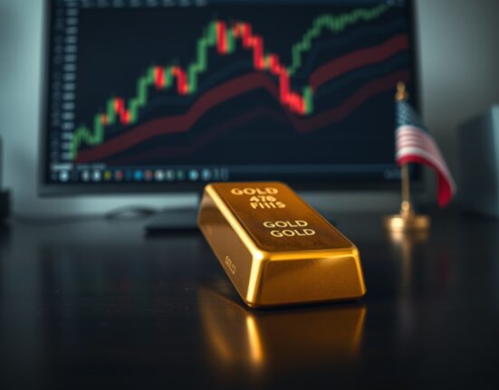 Gold bar on dark wood with upward-trending chart in background