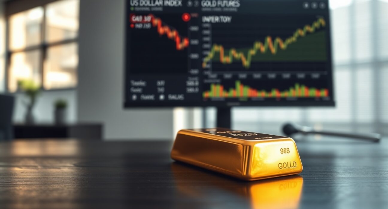 Gold bar with financial charts in background showing dollar weakness and gold strength.