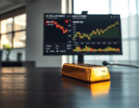 Gold bar with financial charts in background showing dollar weakness and gold strength.