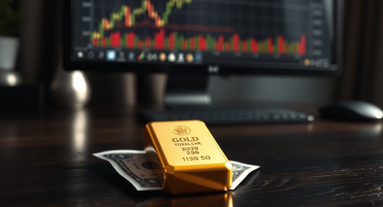 Gold bar resting on wooden surface with US dollar bill and financial chart in background, representing gold price rebound amid USD easing.