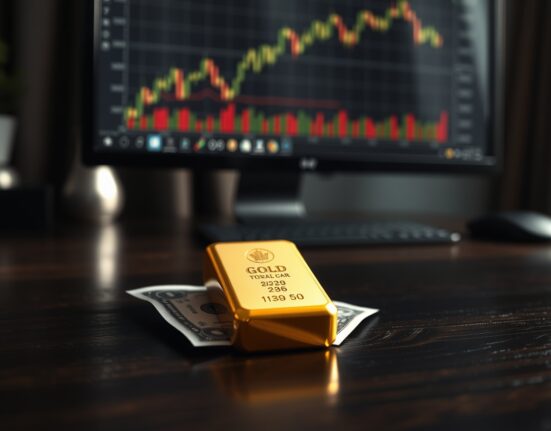 Gold bar resting on wooden surface with US dollar bill and financial chart in background, representing gold price rebound amid USD easing.