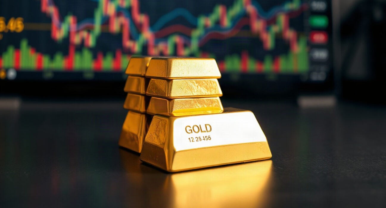 Gold bars stacked on a dark surface, symbolizing record prices amid dollar weakness.