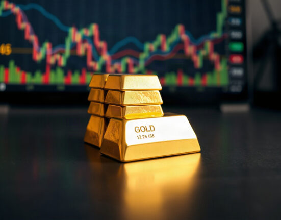 Gold bars stacked on a dark surface, symbolizing record prices amid dollar weakness.
