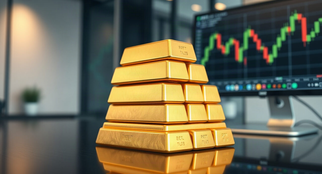 Gold bullion bars on a reflective surface with a trading chart in the background