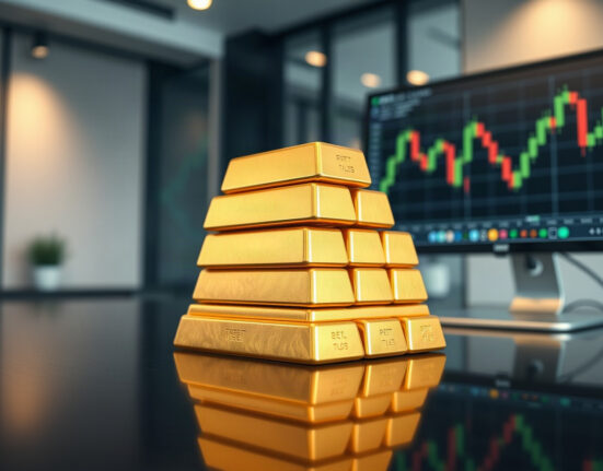 Gold bullion bars on a reflective surface with a trading chart in the background