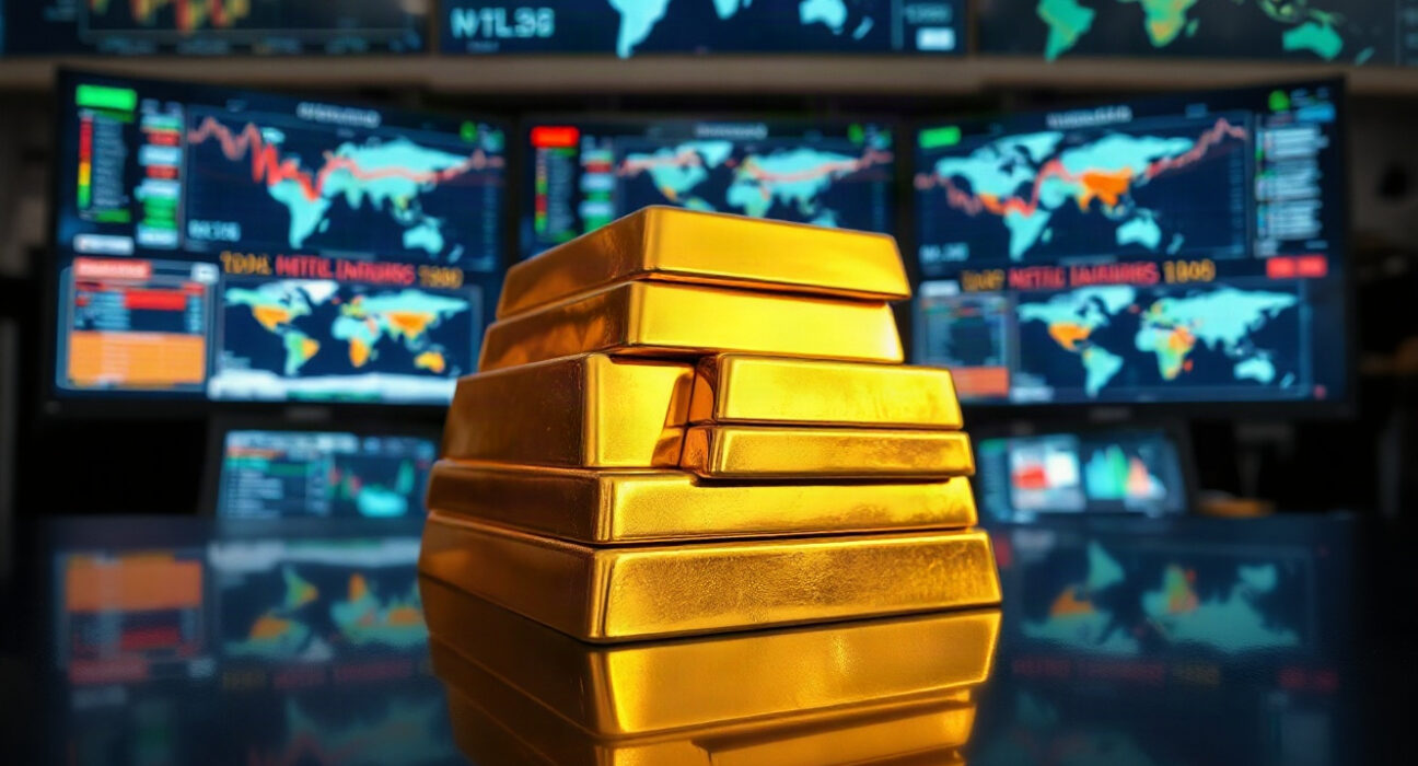 Gold bars on a reflective surface with financial charts in the background, representing market movements.