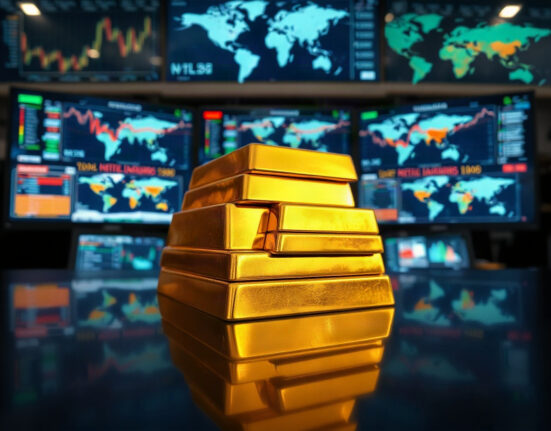 Gold bars on a reflective surface with financial charts in the background, representing market movements.