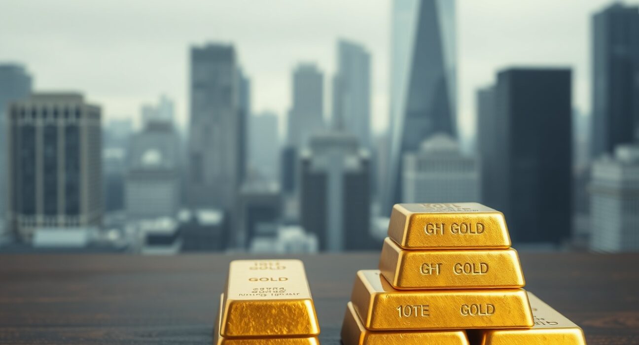 Close-up of gold bars on a dark surface with a blurred financial district background