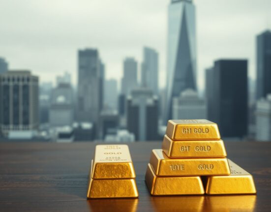 Close-up of gold bars on a dark surface with a blurred financial district background