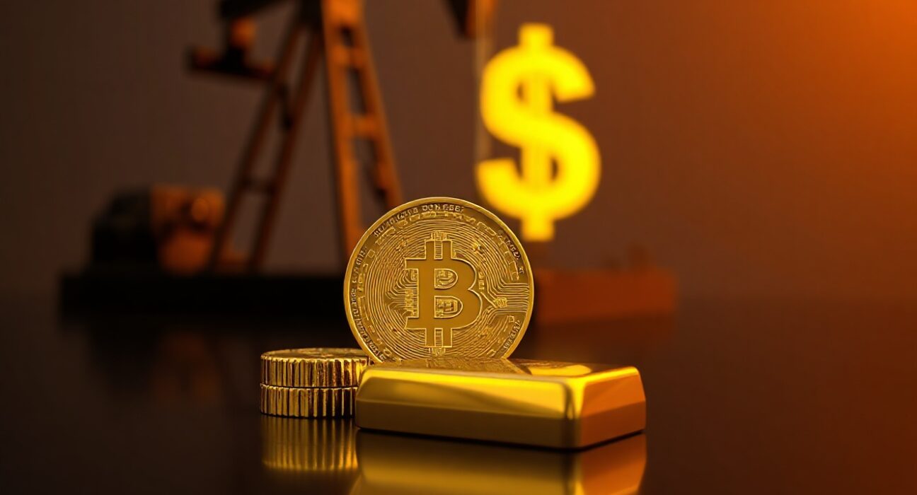 Gold bullion coin and bar with oil pumpjack in background