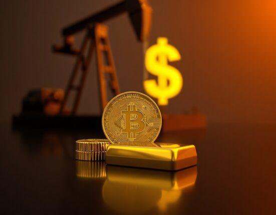 Gold bullion coin and bar with oil pumpjack in background