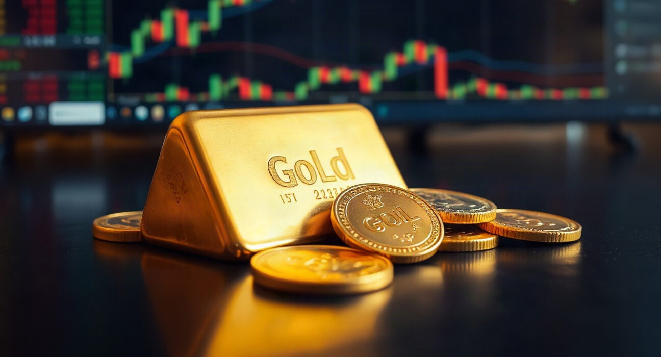 Gold bullion and coins on a reflective surface with financial charts in the background