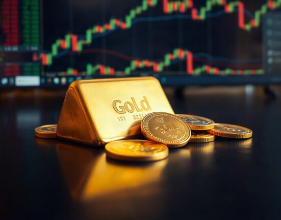 Gold bullion and coins on a reflective surface with financial charts in the background