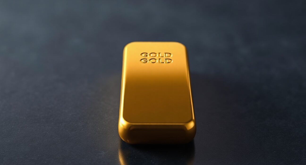 Gold bar on dark surface with soft spotlight, representing safe-haven demand and price recovery
