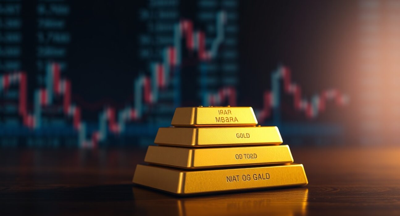 Close-up of gold bars with a blurred financial market background